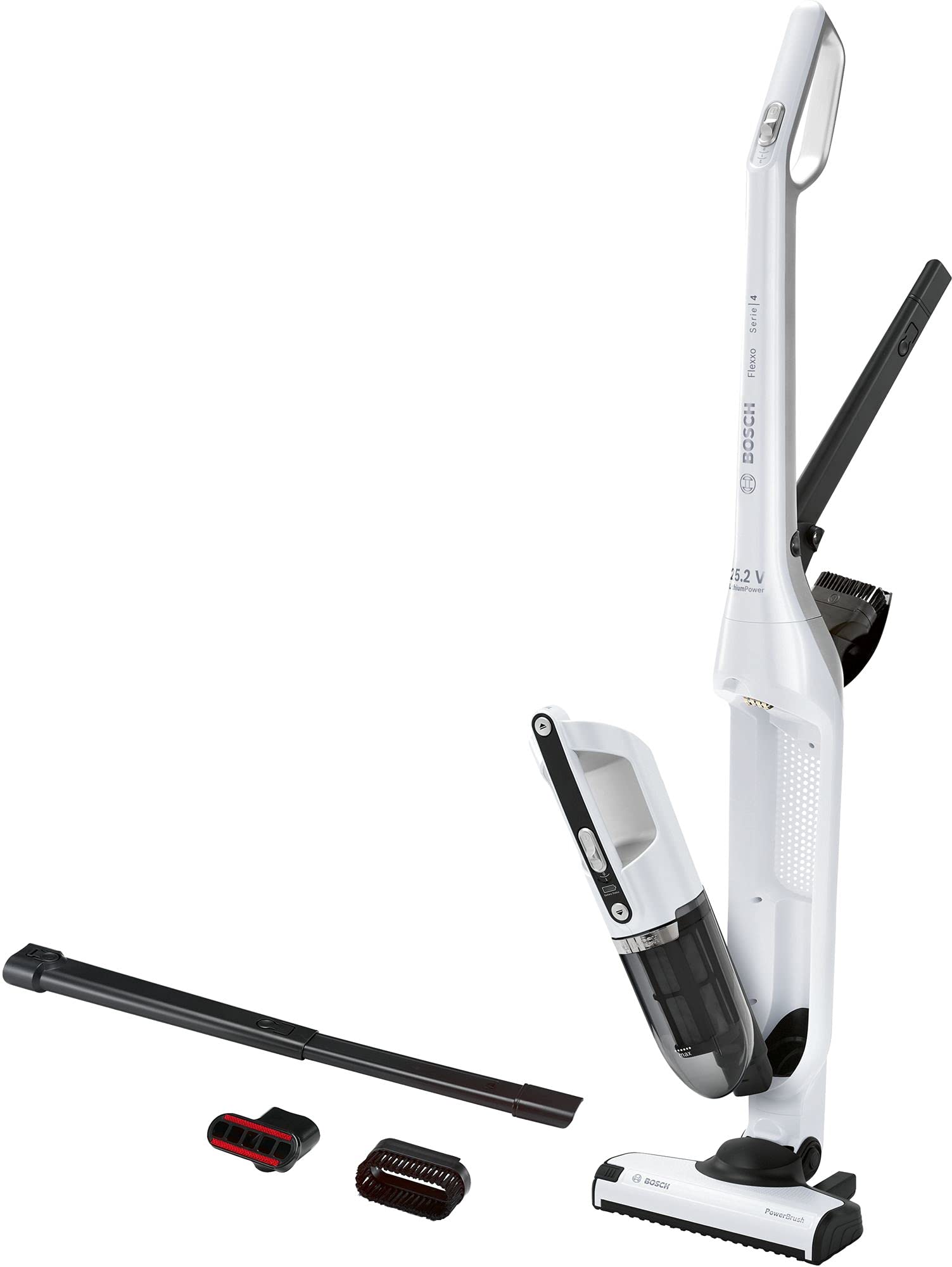 Bosch Flexxo 25.2V Série I 4 – Aspirateur Rechargeable sans Fil 2 en 1, aspirateur Balai et aspirateur à Main, autonomie de 55 Min, avec la Technologie Bosch Lithium-ION, Couleur Blanc