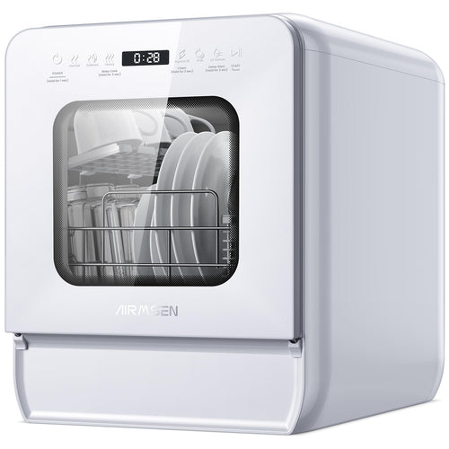 AIRMSEN Mini Lave-vaisselle de Table avec 7+2 Programmes, Design Ultra-Étroit & Profond 37 * 50cm, 4 couverts, Démarrage Différé 1-24H, Double Jet 360°, Réservoir d'Eau de 5L, Blanc (Blanc)