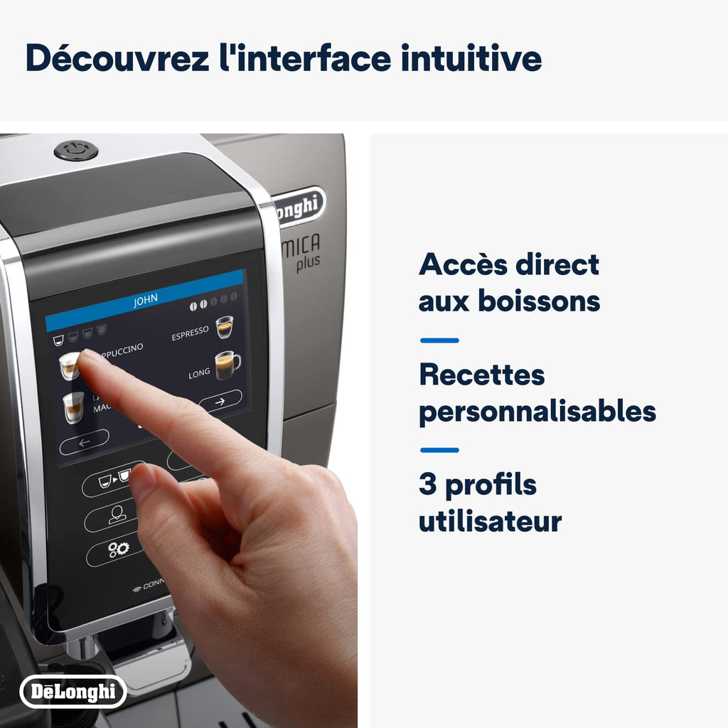De'Longhi Dinamica Plus, Machine à Café et Cappucino avec Broyeur, ECAM372.95.TB, Titanium/Noir