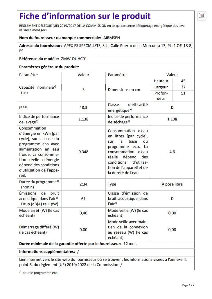 AIRMSEN Mini Lave-vaisselle de Table avec 7+2 Programmes, Design Ultra-Étroit & Profond 37 * 50cm, 4 couverts, Démarrage Différé 1-24H, Double Jet 360°, Réservoir d'Eau de 5L, Blanc (Blanc)