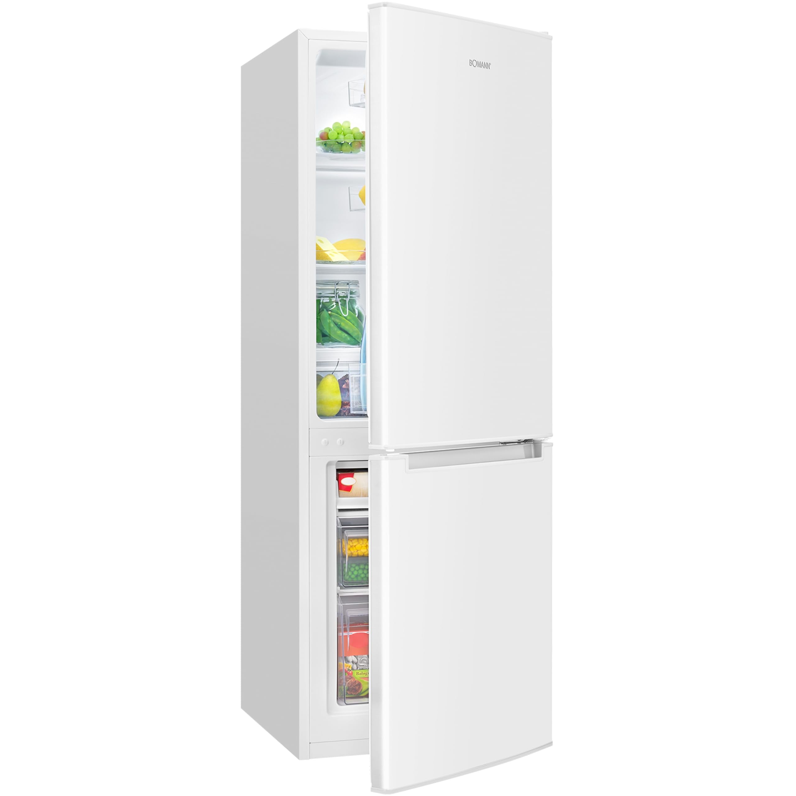 Bomann, KG7359 Réfrigérateur et Congélateur 173L Blanc - 121L Réfrigérateur, 52L Congélateur 4 Étoiles, Éclairage LED, Alarme d'Ouverture, Bac à Légumes, 3 Étagères en Verre, Économie d'Énergie