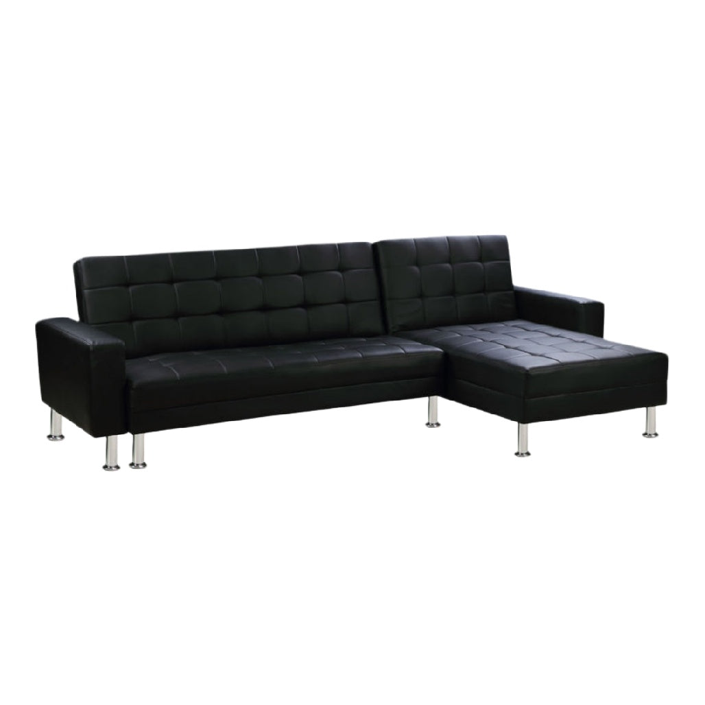 Canapé en cuir synthétique noir avec repose-pieds et design moderne.