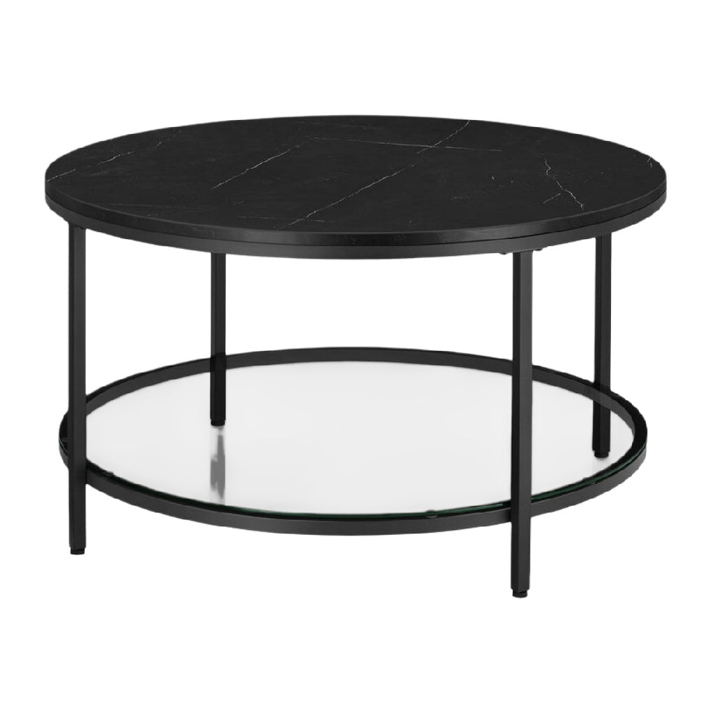 Table basse ronde en marbre noir et métal noir.