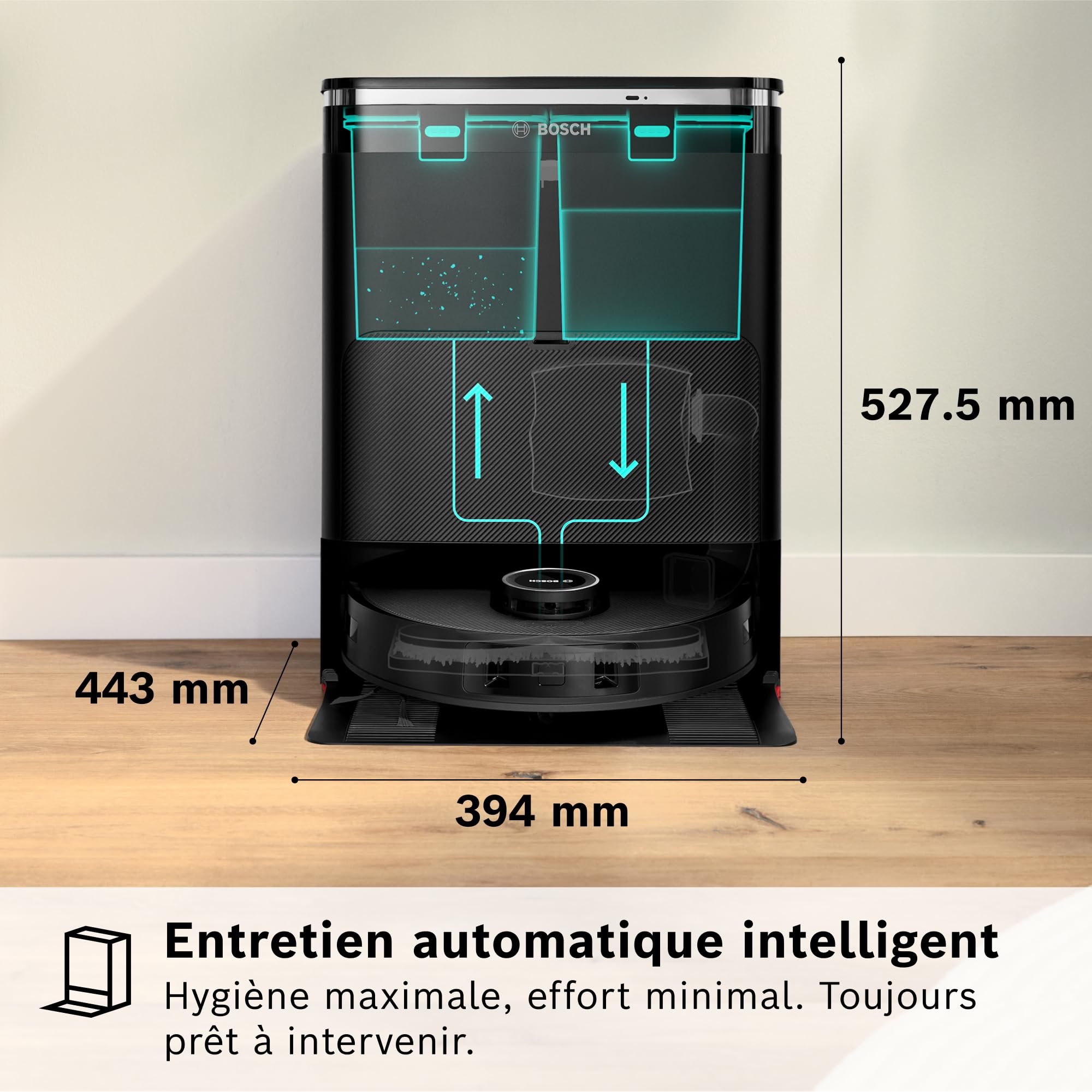 Bosch Spotless Max BCRDW3B, Robot aspirateur-Laveur avec caméra Smart Vision, serpillère rotative, 11 000 Pa, Station de Service sèche-Humide, Application Home Connect, Noir
