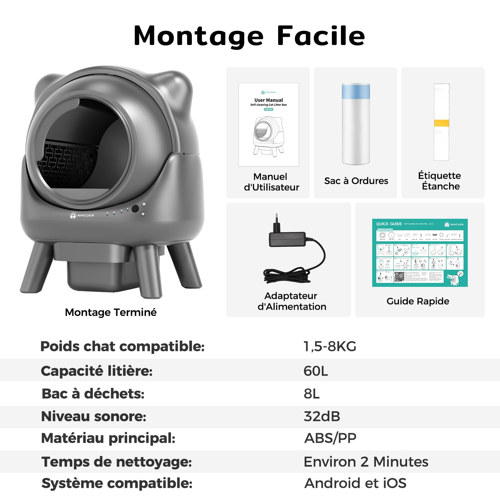 Amicura Cura X1 Litière Chat Autonettoyant avec Contrôle par Application,Capteur de Sécurité (Anti-Pinch), Anti-odeurs, Bac à Litière Autonettoyant, Litière Automatique Facile à Nettoyer