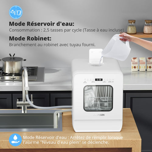 AIRMSEN Mini Lave-vaisselle de Table avec 7+2 Programmes, Design Ultra-Étroit & Profond 37 * 50cm, 4 couverts, Démarrage Différé 1-24H, Double Jet 360°, Réservoir d'Eau de 5L, Blanc (Blanc)