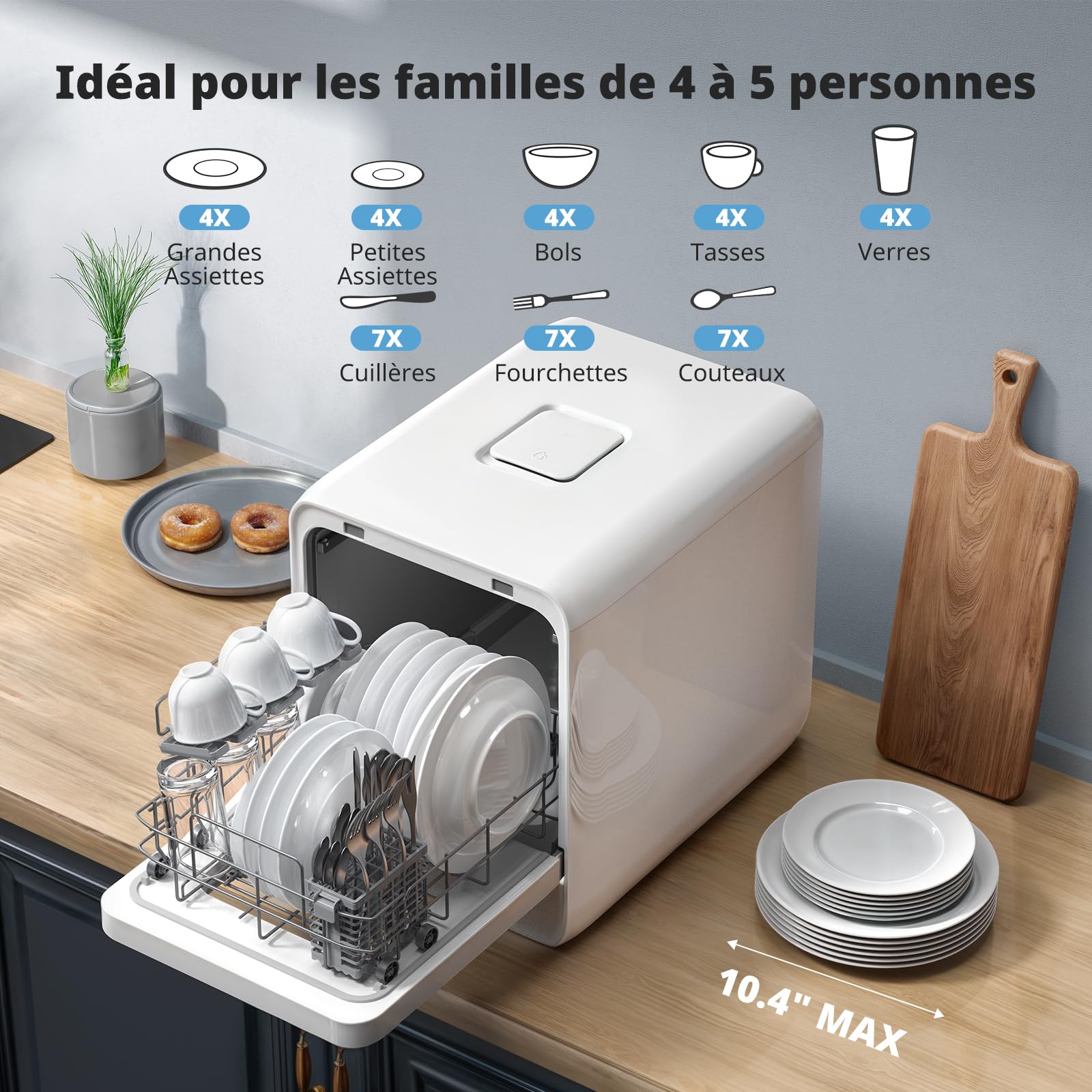 AIRMSEN Mini Lave-vaisselle de Table avec 7+2 Programmes, Design Ultra-Étroit & Profond 37 * 50cm, 4 couverts, Démarrage Différé 1-24H, Double Jet 360°, Réservoir d'Eau de 5L, Blanc (Blanc)