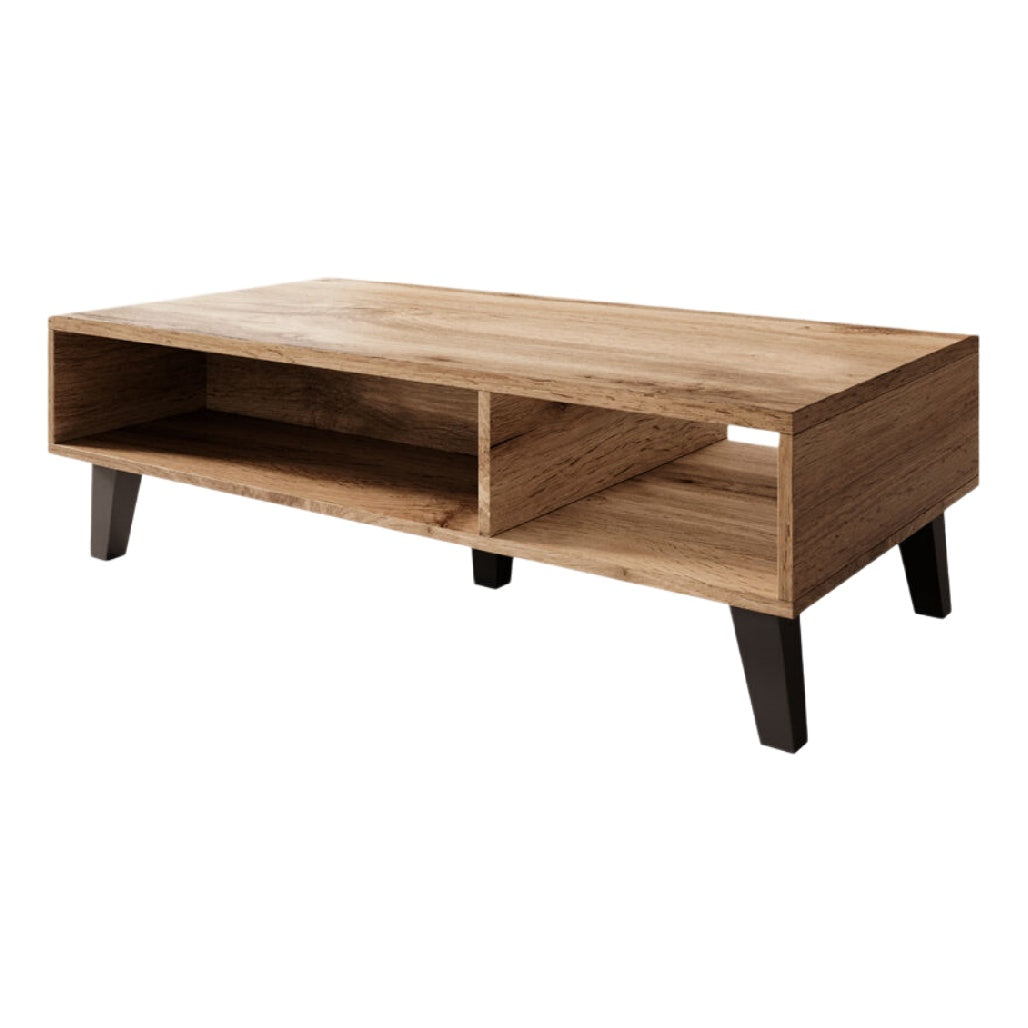 Table basse en bois avec rangement intégré - couleur chêne naturel.