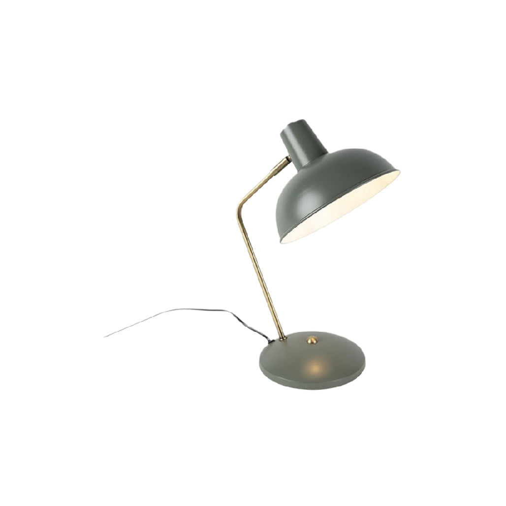 Lampe de bureau moderne en métal gris avec base ronde et bras articulé.
