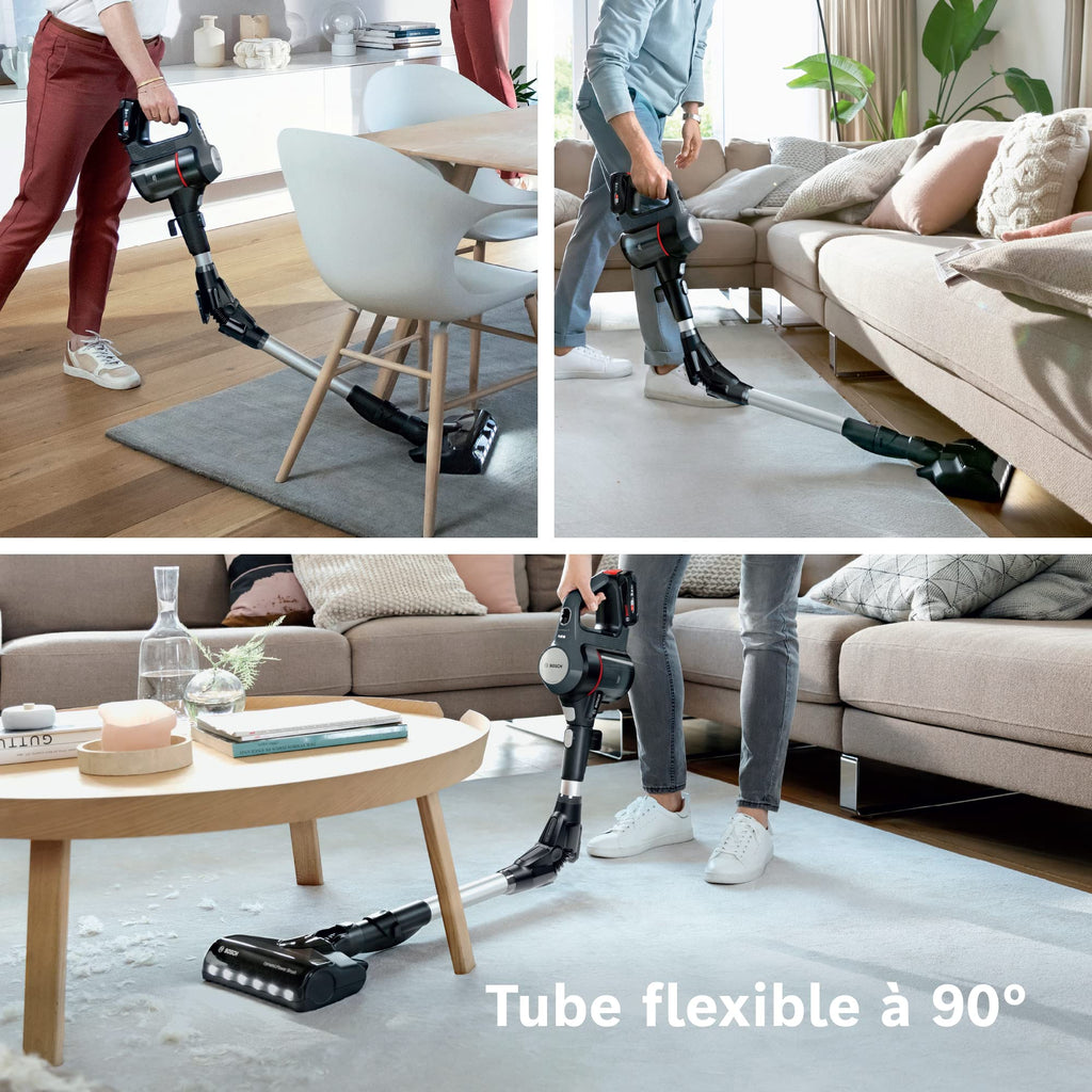 Bosch Electroménager Unlimited 7, BBS712A, aspirateur Balai, 2 Batteries 3.0 Ah Power for All, autonomie de 40 Min par Batterie, Tube Flexible, Poids léger, Accessoires, éclairage LED, Anthracite
