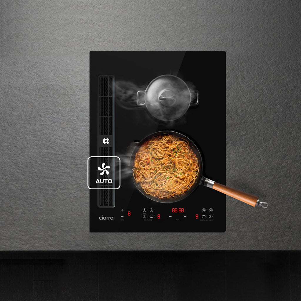 CIARRA ONE CBBEH392BF Plaque de cuisson à induction avec hotte aspirante, hotte de table intégrée, 39 cm, 2 plaques, Flexzone, 9 niveaux, sécurité enf
