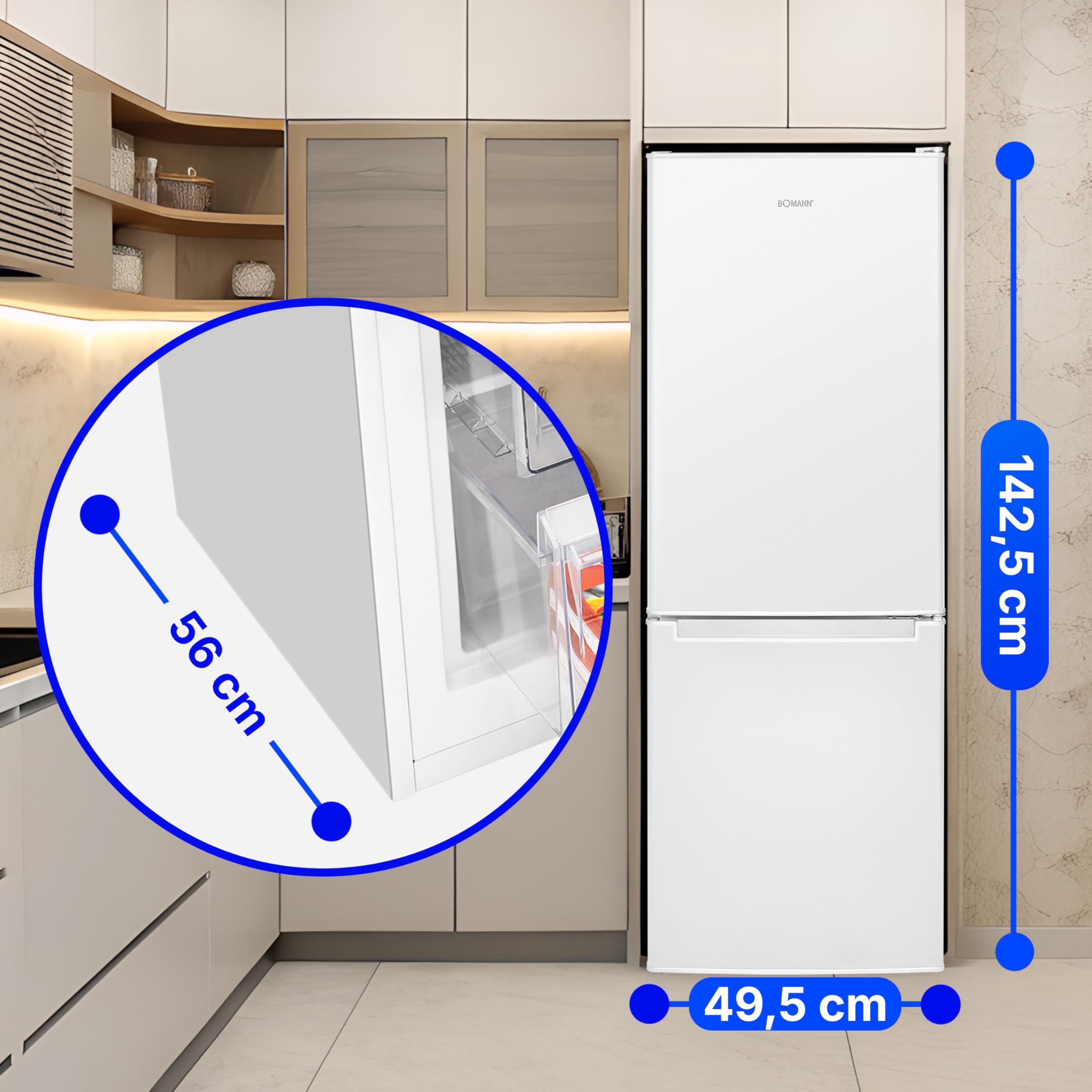 Bomann, KG7359 Réfrigérateur et Congélateur 173L Blanc - 121L Réfrigérateur, 52L Congélateur 4 Étoiles, Éclairage LED, Alarme d'Ouverture, Bac à Légumes, 3 Étagères en Verre, Économie d'Énergie