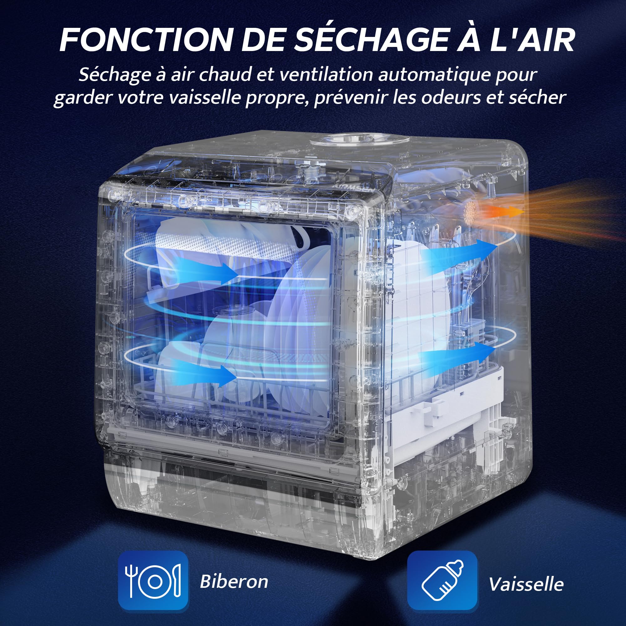 AIRMSEN Mini Lave-Vaisselle de Comptoir, 5+1 Programmes, Réservoir d'Eau de 5L, Contrôle Tactile et Écran LED, Adapté pour les Cuisines Familiales, Appartements et Dortoirs, Blanc et noir