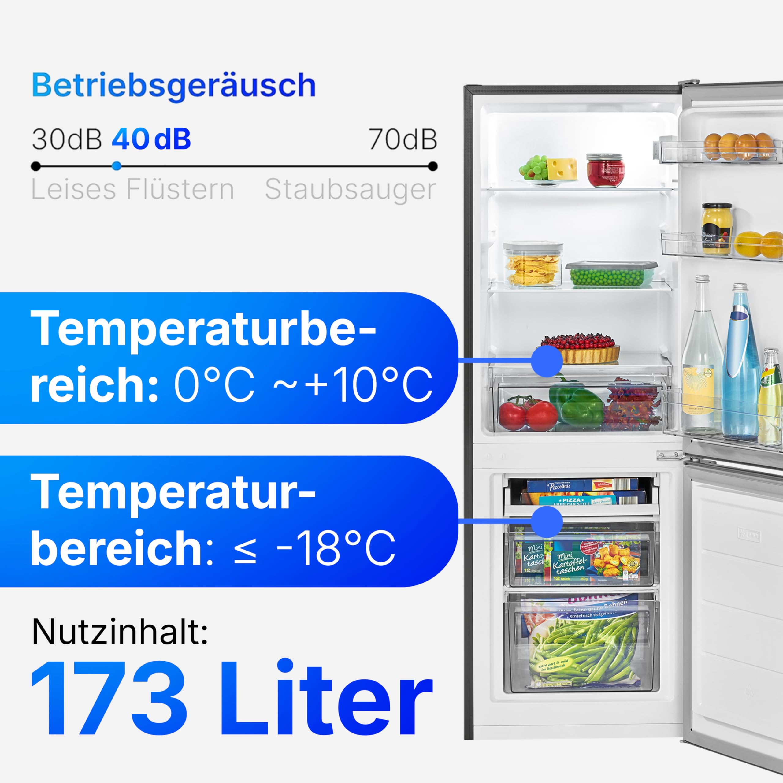 Bomann, Réfrigérateur et Congélateur 173L Inox KG7359 - Réfrigérateur 121L, Congélateur 52L, Éclairage LED, Contrôle Température, Alarme Ouverture, Économie Énergie, Dimensions 142,5x49,5x56 cm