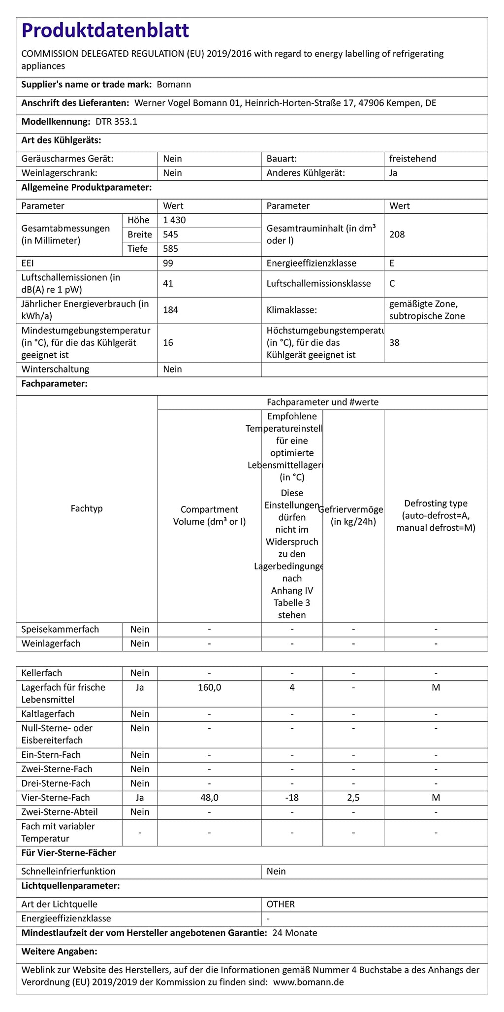 Bomann DTR 353 réfrigérateur-congélateur Autoportante 208 L E Noir, Argent