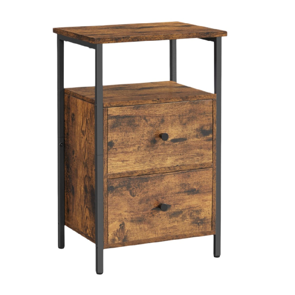Table de chevet en bois vintage avec structure en métal noir, 2 tiroirs.