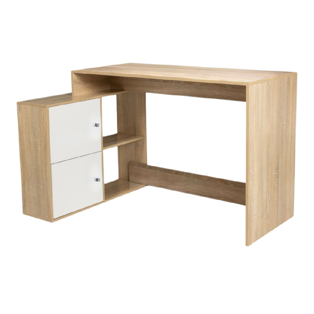 Bureau en bois avec rangement blanc, design contemporain.